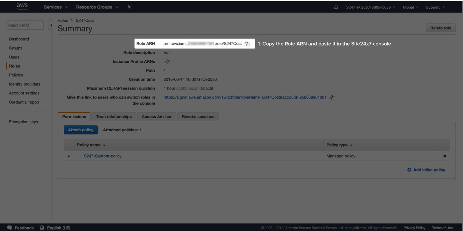 cloud cost management AWS role copy for ARN