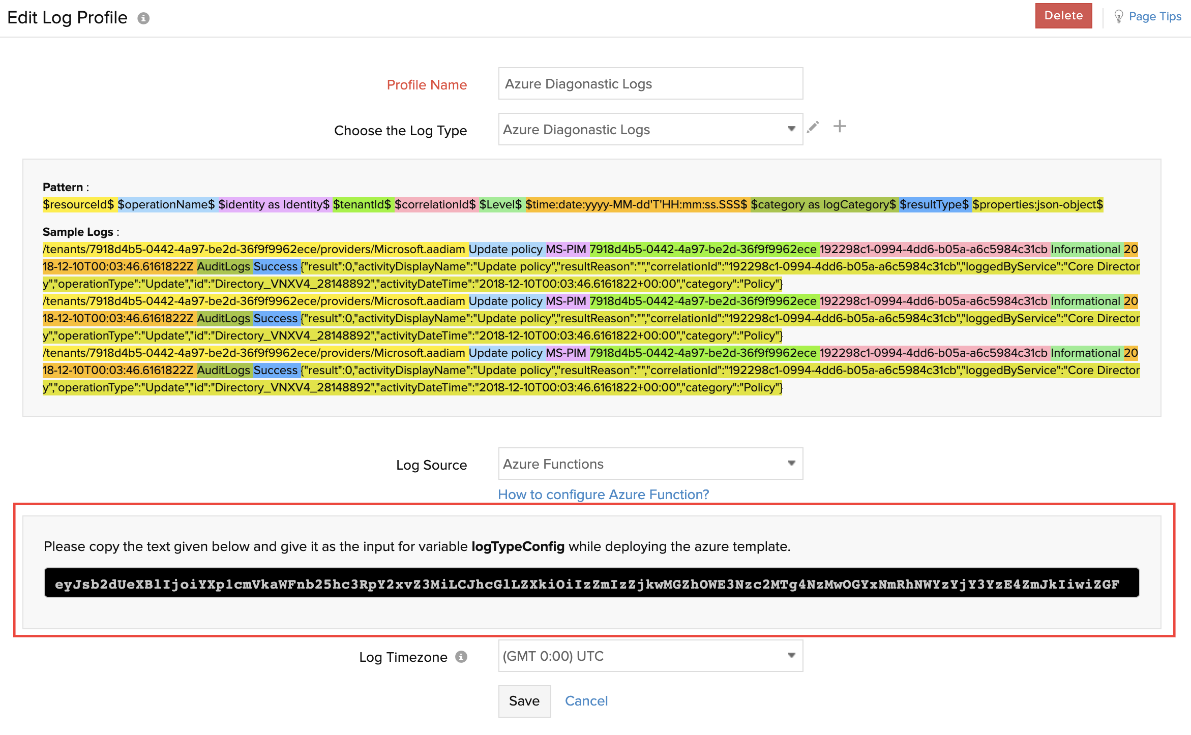 Azure LogTypeConfig